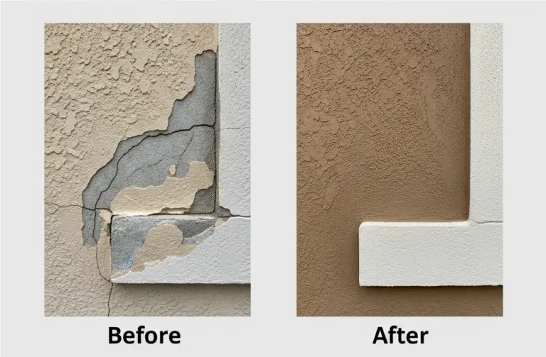 an image of a damaged stucco wall, beside a fixed stucco wall. Before and After.