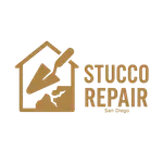 stucco repair San diego logo. Shape of a house with a shuffle in brown.