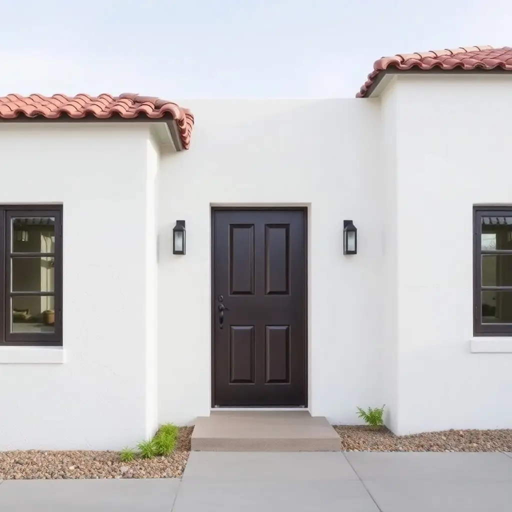 a white stucco home with red roof