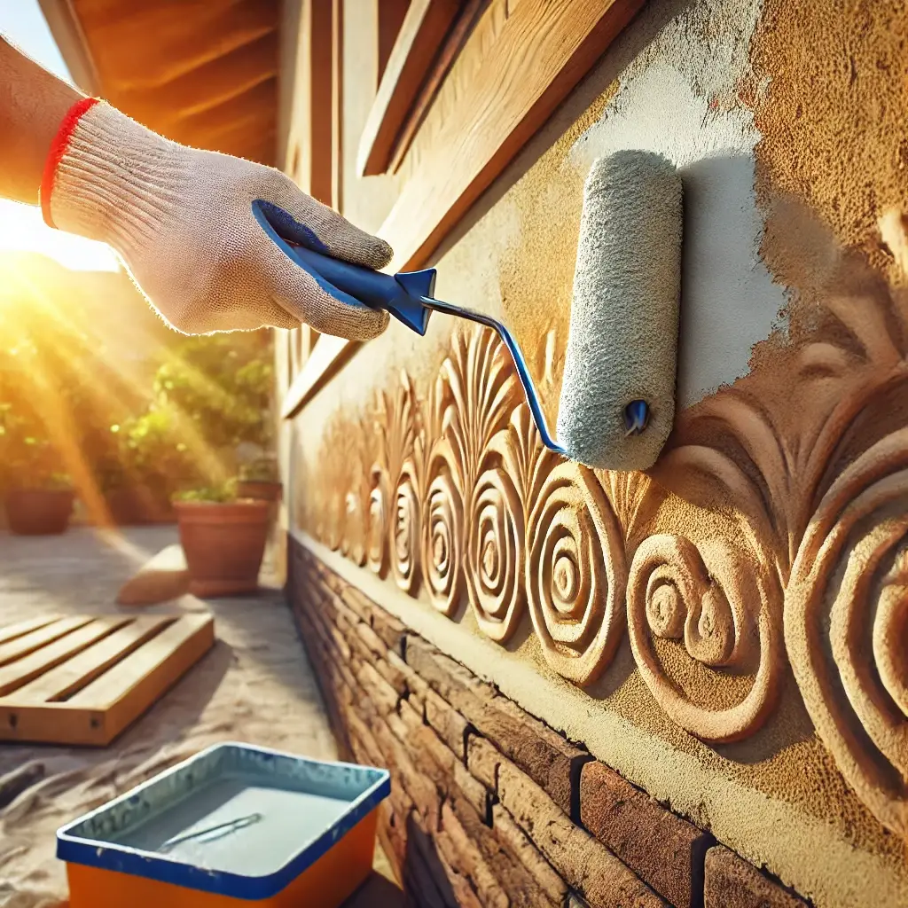 A-detailed-image-showcasing-the-process-of-stucco-painting.-The-scene-features-a-painter-using-a-roller-to-apply-fresh-paint-onto-a-stucco-wall