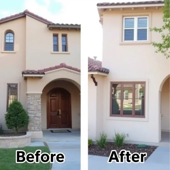 a before and after image of a stucco repair installation