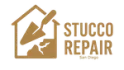 stucco repair San diego logo. Shape of a house with a shuffle in brown.
