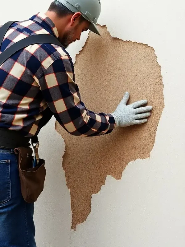 a man repairing a stucco water damaged wall
